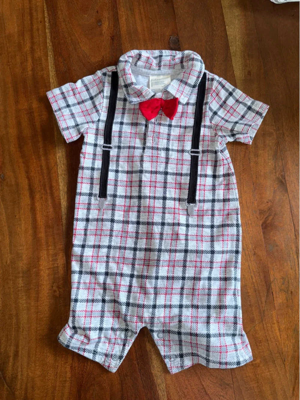 First Impressions Plaid One-Piece with Red Bow and Black Trim‎